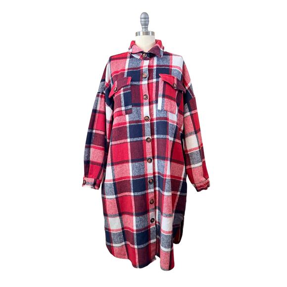 Red Plaid Flannel Women's Shirt Dress Shacket Size M/L Oversized Jacket - Picture 1 of 7
